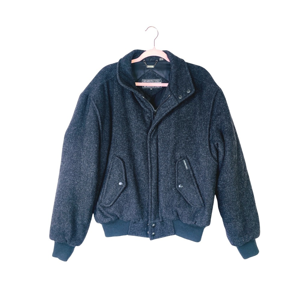 Members Only Mens Vintage Wool Bomber Jacket Charcoal Gray Full Zip Size 40